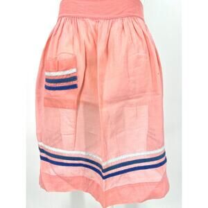 Vintage Kitchen Apron Handmade Coral with Blue Ribbon Trim